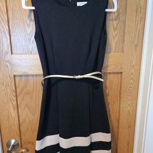 Calvin Klein Black and Cream Sleeveless Belted Dress